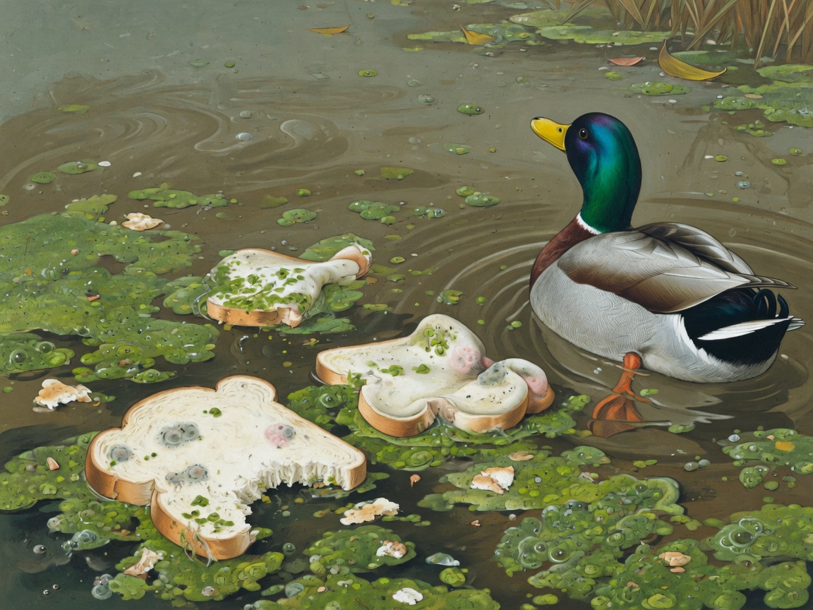 Soggy bread floating on a scummy park pond