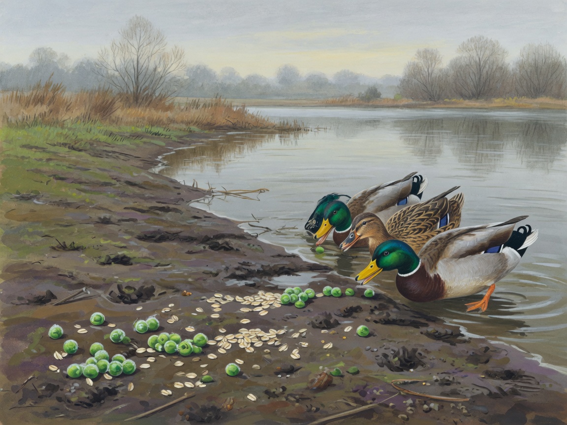 Peas and oats on a muddy bank with mallards
