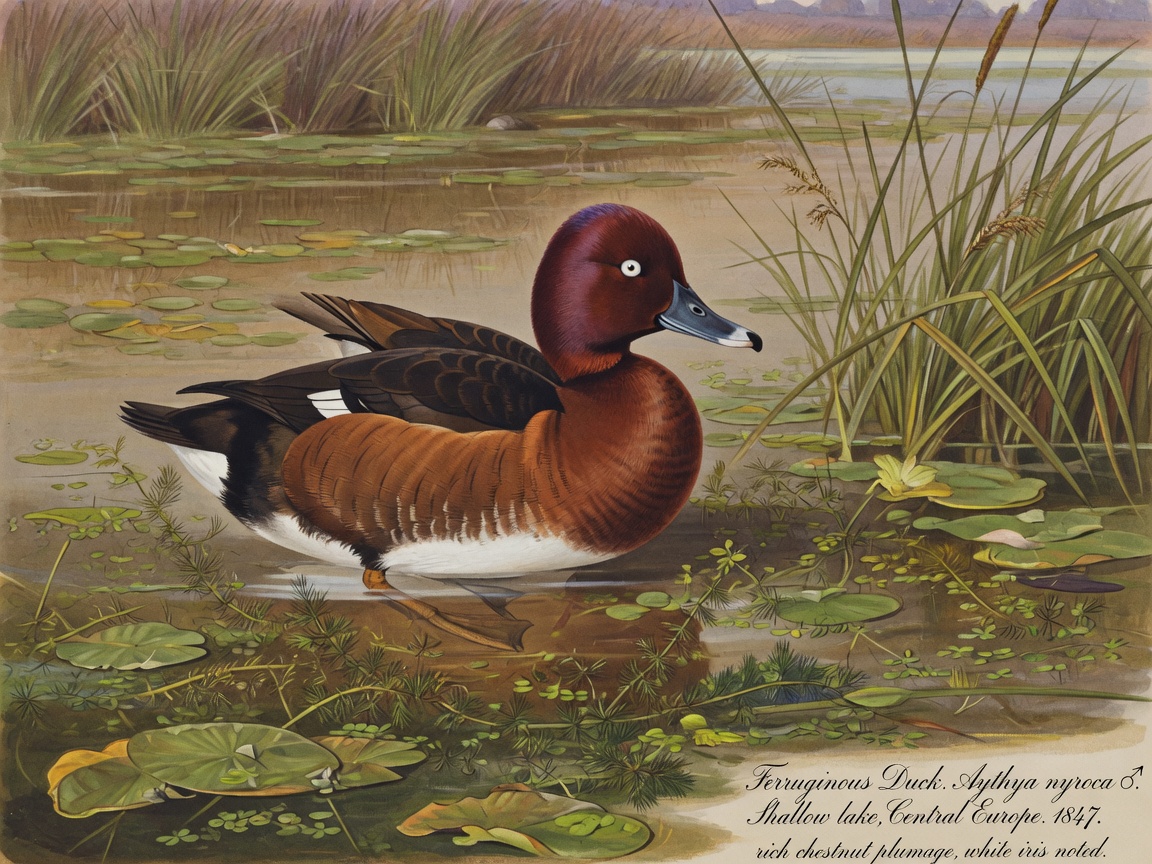 Ferruginous duck on a weedy lake
