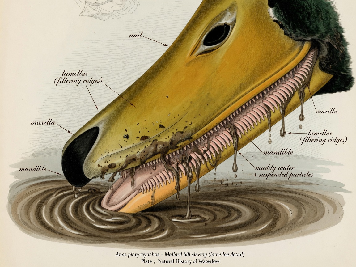 Mallard bill sieving muddy water