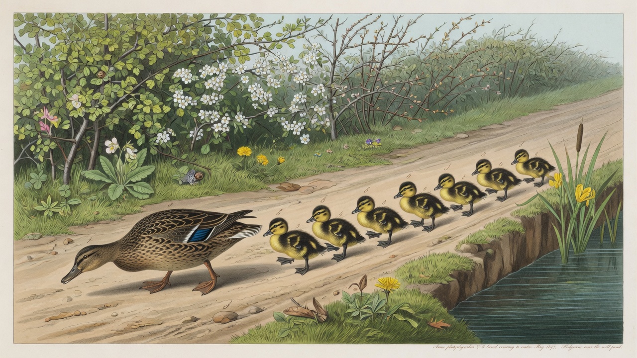 Mallard ducklings following the female toward water